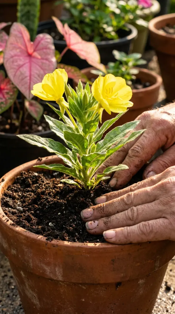 A detailed closeup illustration focusing on preparing and potting soil for “best annual flowers for full sun”