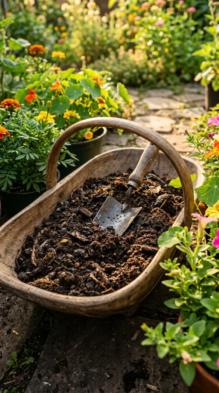 A highly detailed vertical photograph illustrating organic fertilizers, composting, or winter plant protection for “annual flowers”