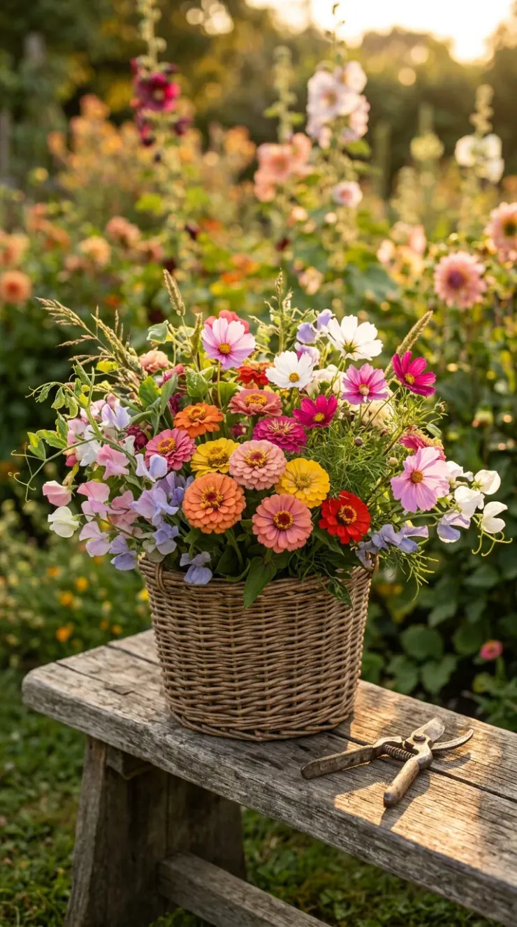 A warm, artistic vertical photograph showing the rewards of gardening: vibrant blossoms, seed collection, or a neighborly garden harvest of “annual flowers”