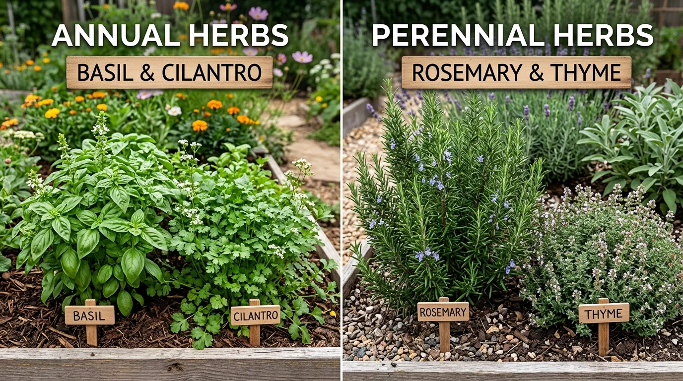 A side-by-side comparison of annual herbs like basil and cilantro next to perennial herbs like rosemary and thyme in a garden
