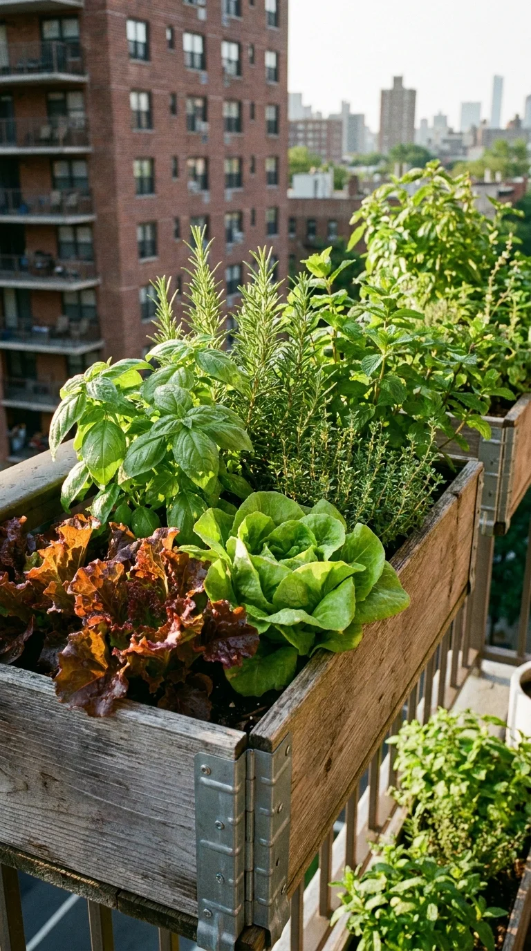 Railing planter boxes filled with herbs and lettuce