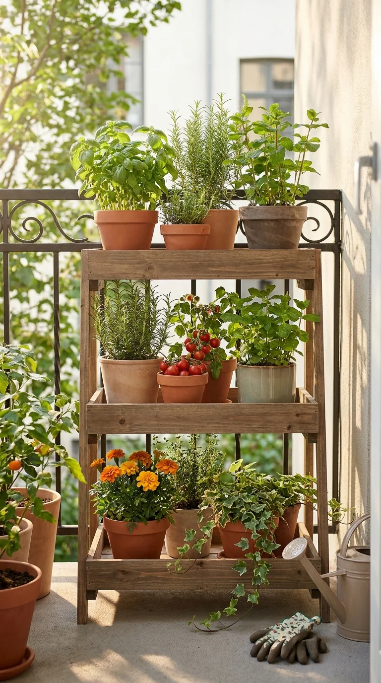 Three-tier plant stand on a small balcony filled with potted herbs