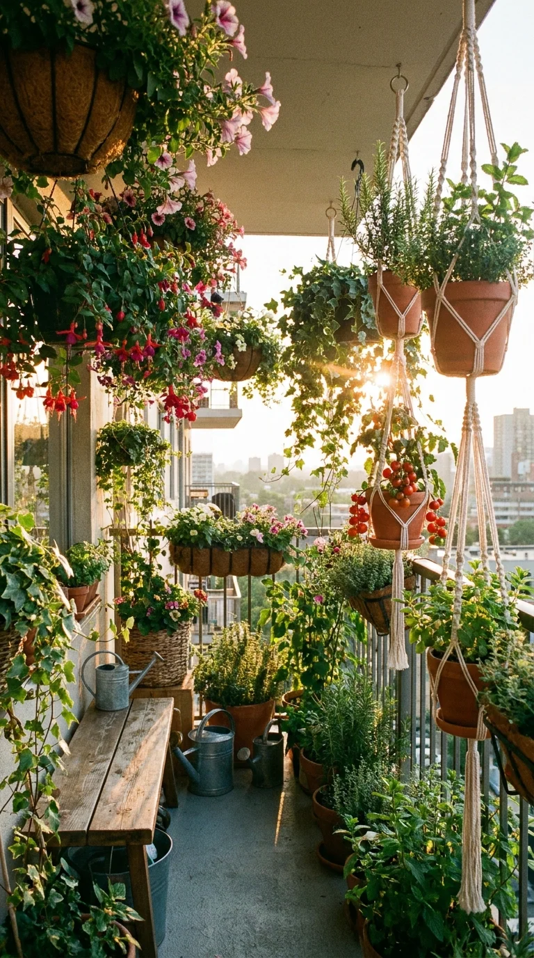 Hanging baskets with trailing flowers and herbs on a balcony