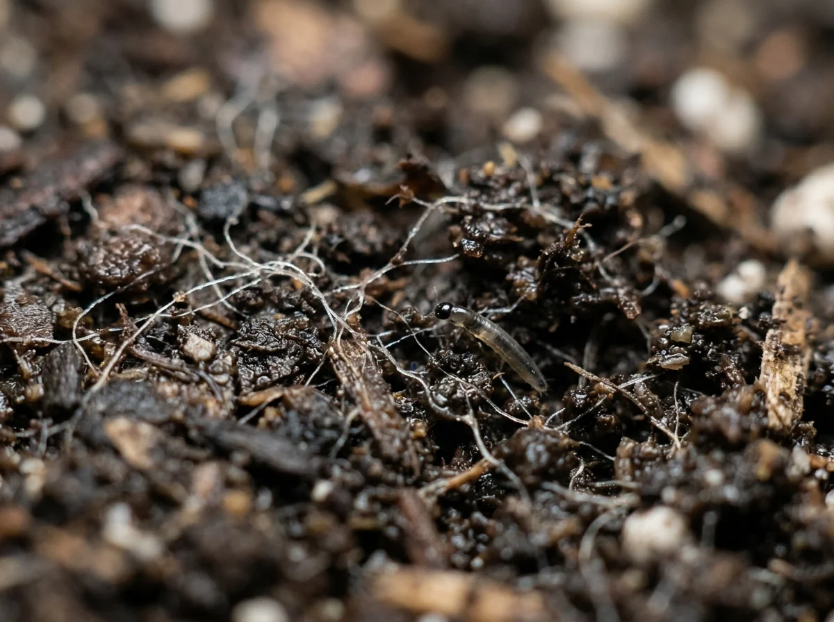 Fungus gnat larvae live in the top layer of moist potting soil