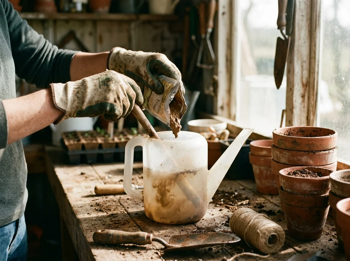 Mixing beneficial nematodes into a watering can