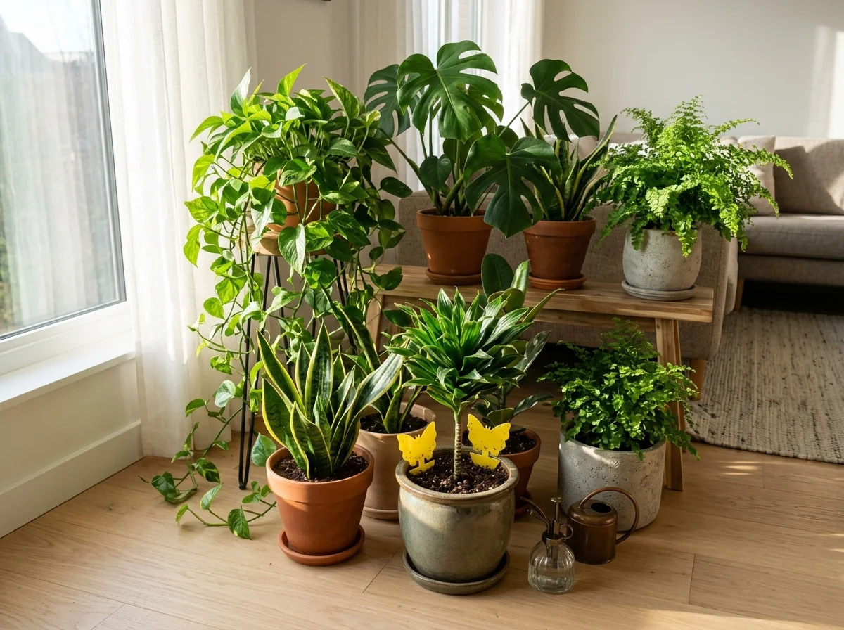 Healthy houseplants after a successful fungus gnat treatment