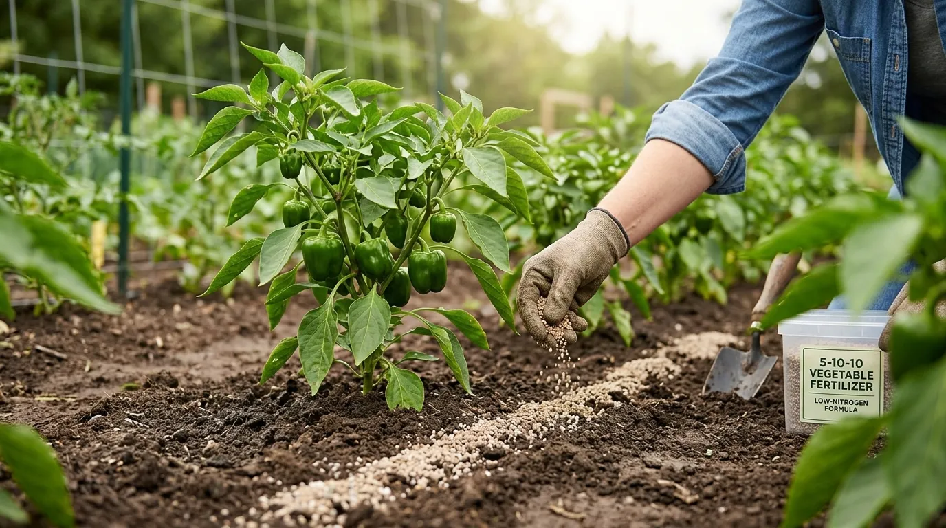 Hands feeding pepper plants with compost and organic fertilizer
