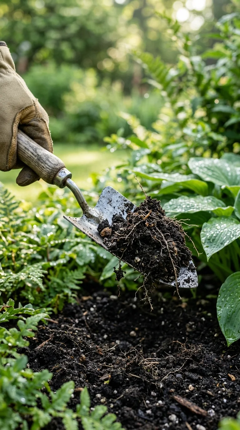 A detailed closeup illustration focusing on preparing and potting soil for “Hand Trowel”