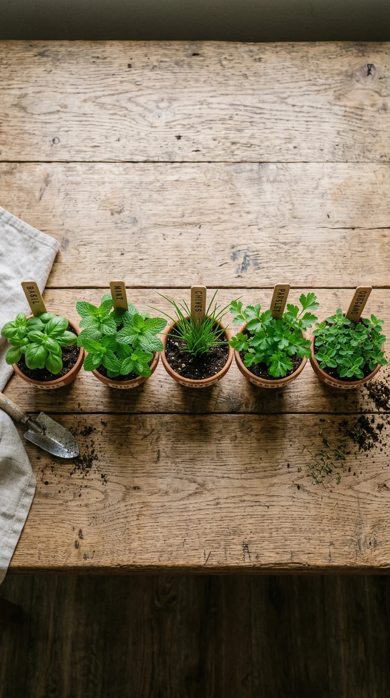 A close-up of fresh basil leaves being pinched for harvest in a sunny kitchen