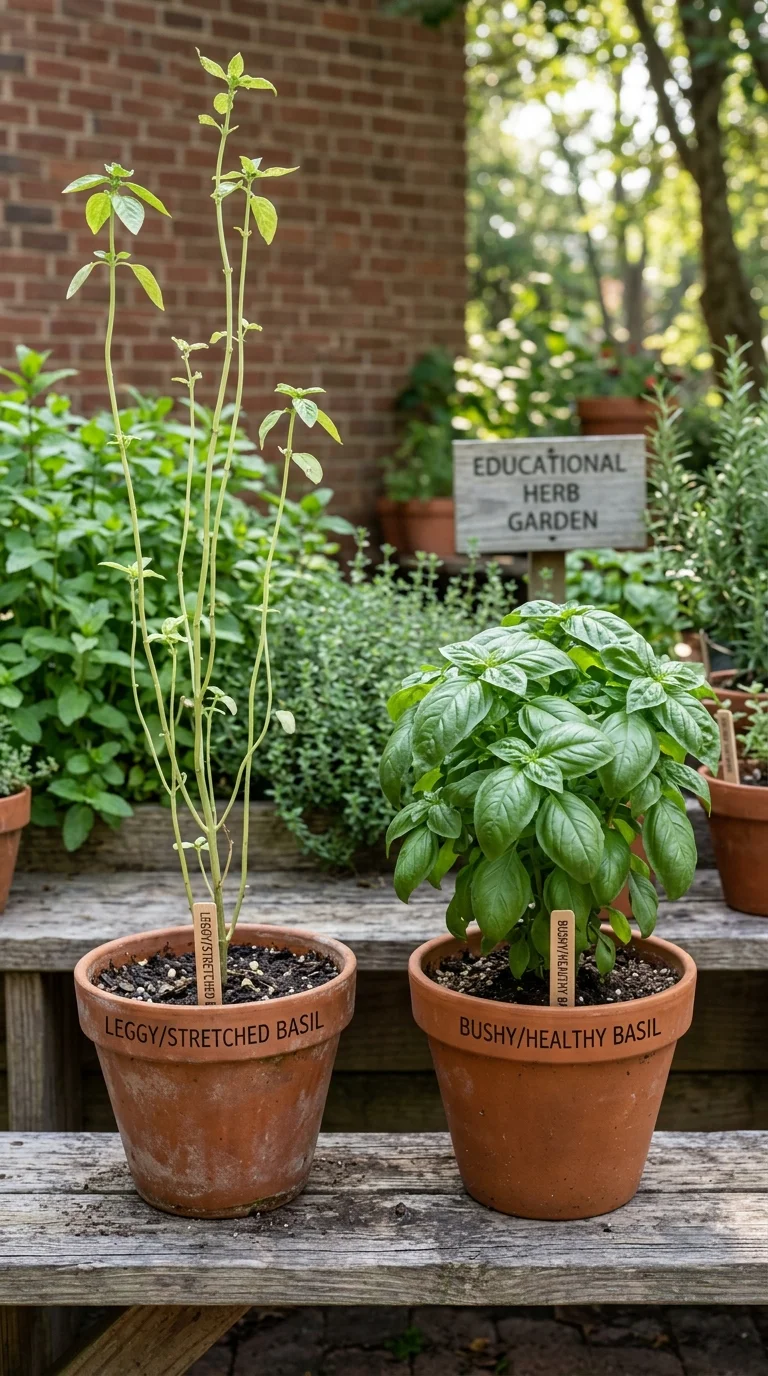 A row of healthy herbs growing in matching terracotta pots on a sunny windowsill