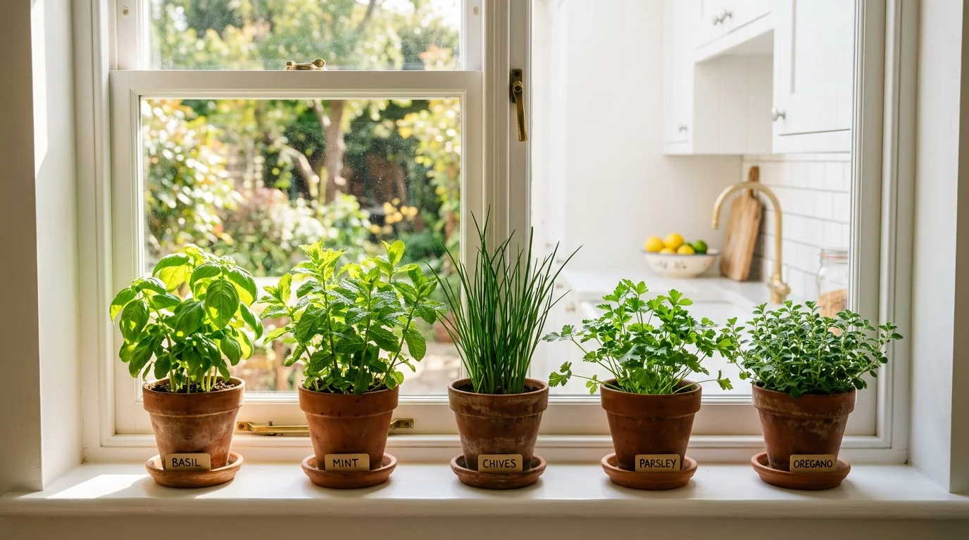 A vibrant beginner herb garden with basil, mint, chives, parsley, and oregano growing in pots