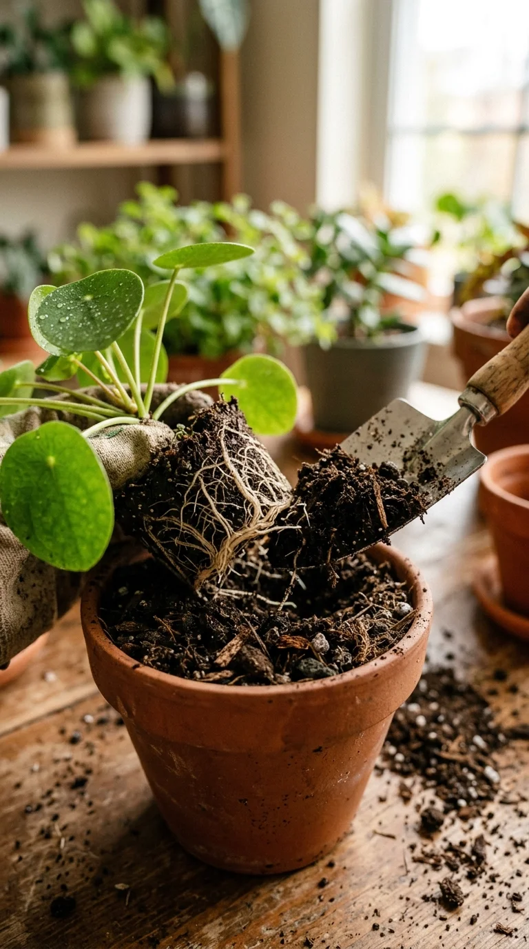 A detailed closeup illustration focusing on preparing and potting soil for “Low-Light Indoor Plants”