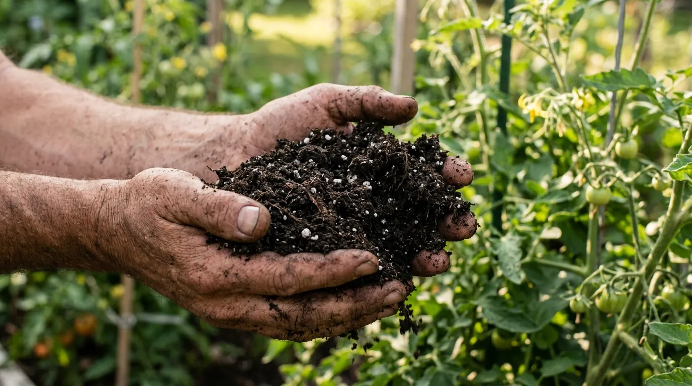 Rich loamy soil with compost and perlite ideal for growing tomatoes