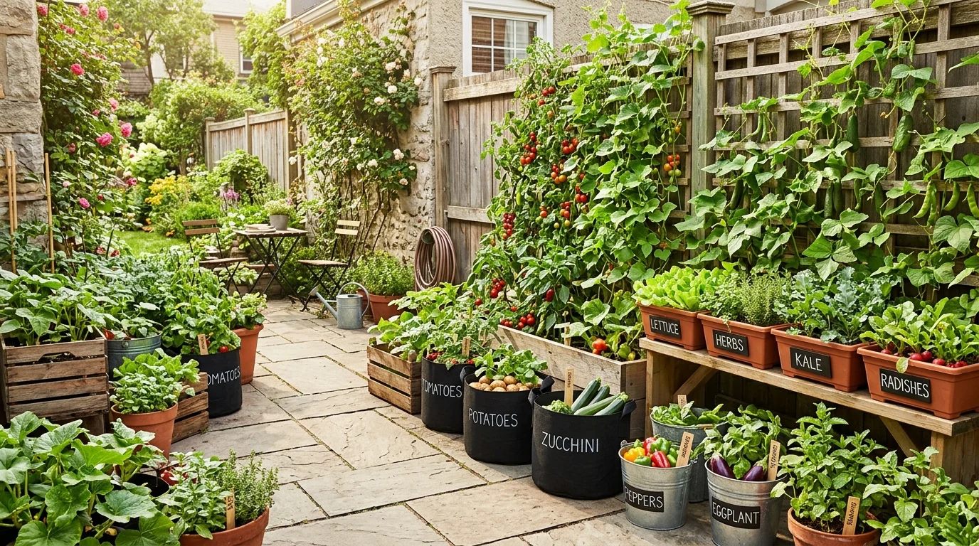 Tomatoes and peppers staked in a deep raised bed