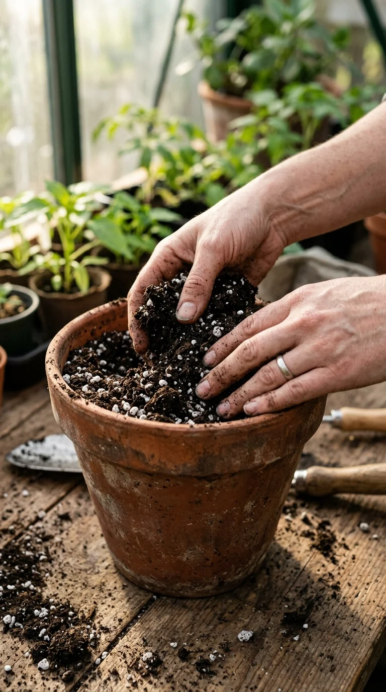 A detailed closeup illustration focusing on preparing and potting soil for “Houseplant care”