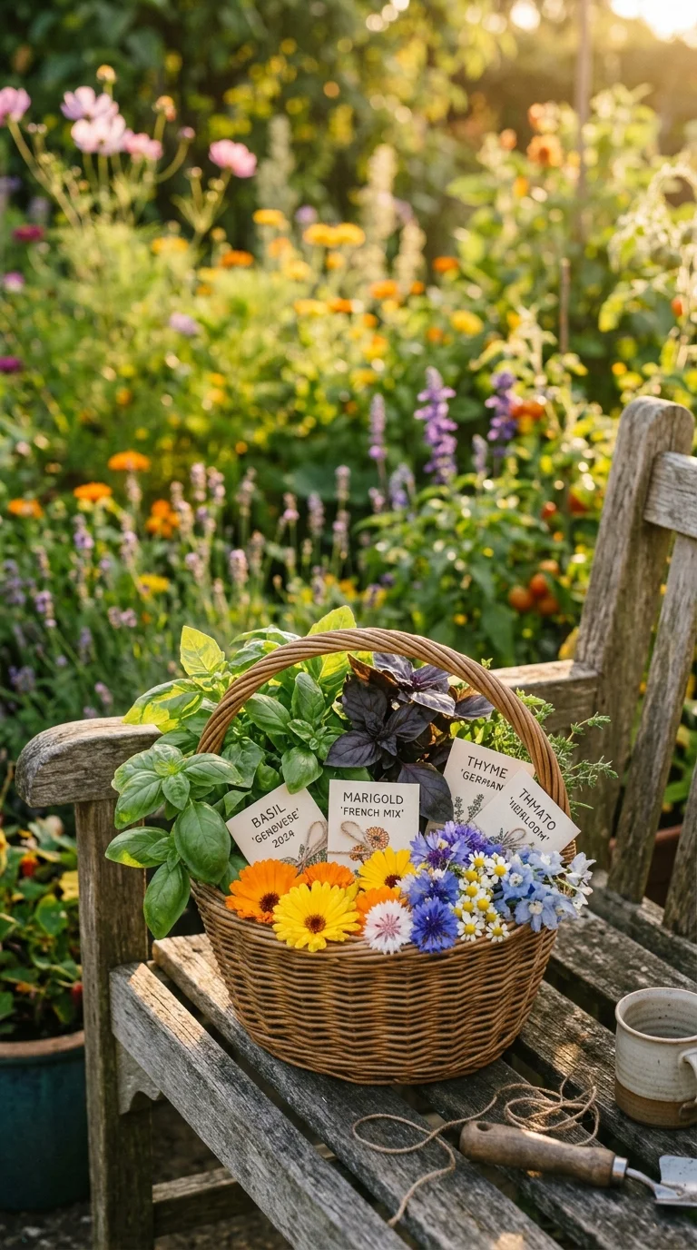 A warm, artistic vertical photograph showing the rewards of gardening: vibrant blossoms, seed collection, or a neighborly garden harvest of “Plant problems”