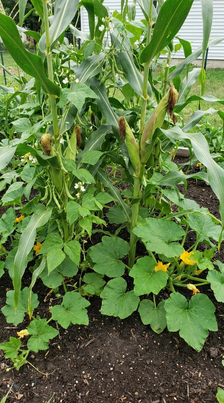 Three Sisters planting method with corn, beans, and squash