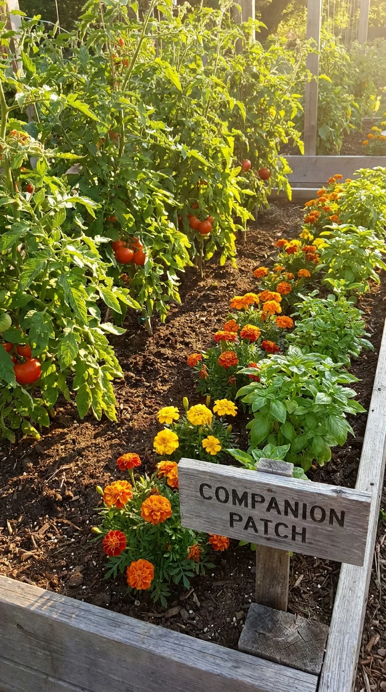 Marigolds and basil planted among tomato plants