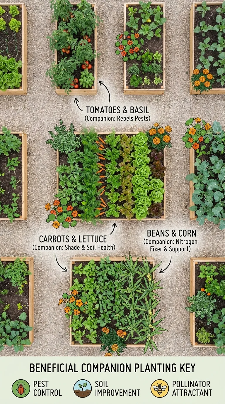 Garden layout diagram showing companion planting arrangement
