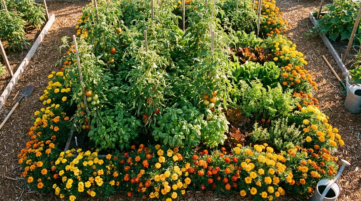 A vibrant vegetable garden showing companion planting with tomatoes, basil, and marigolds growing together