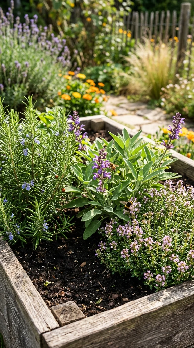 A companion planting layout showing herbs arranged in a raised bed with labels