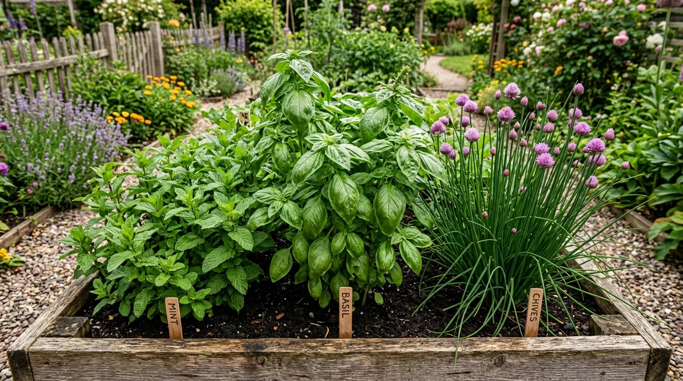 A vibrant herb garden showing companion planted herbs growing together in harmony