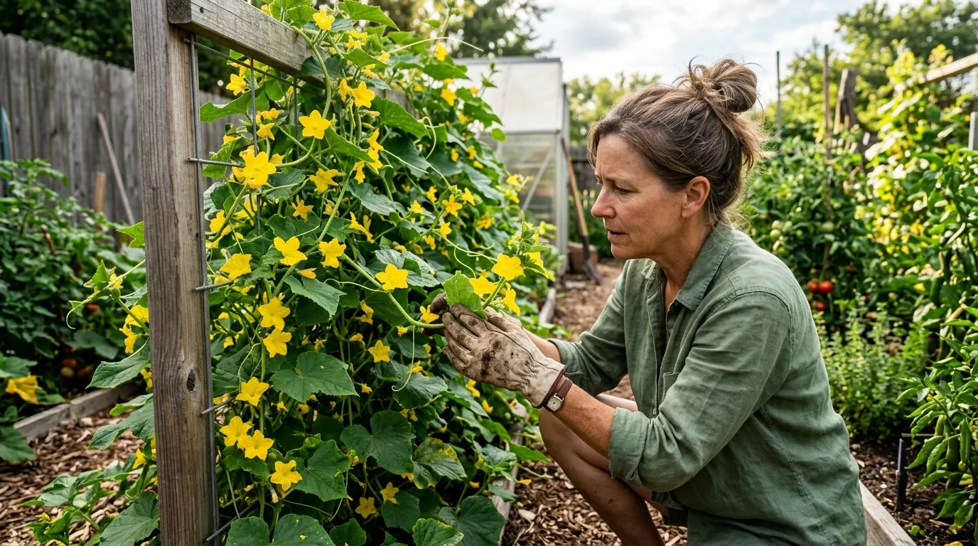 Removing yellow cucumber leaves for airflow