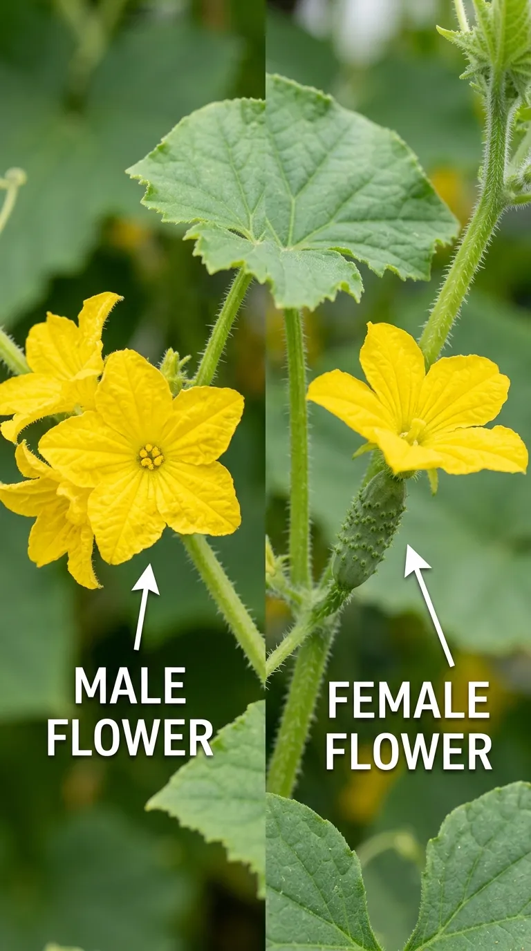 Female cucumber flower with tiny fruit behind petals needing pollination