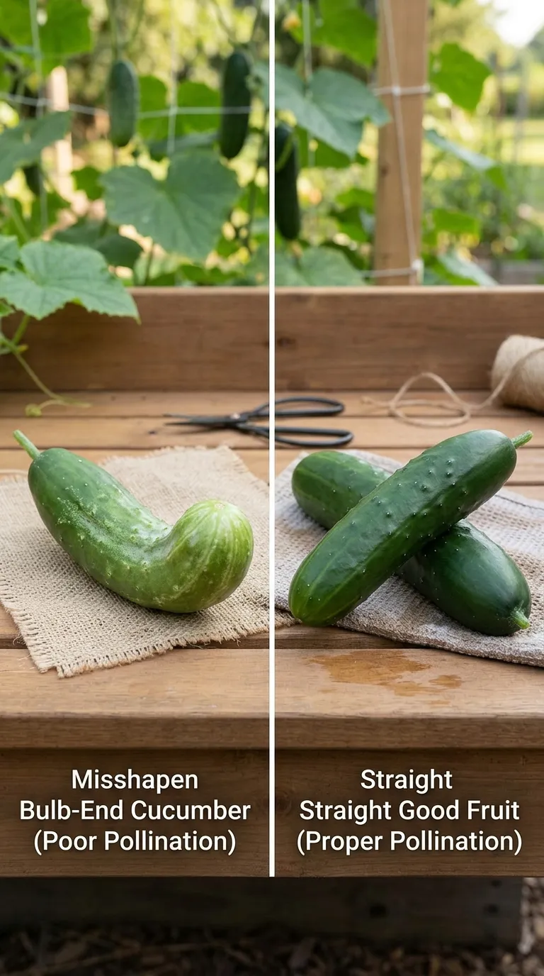 Trellised cucumber vine producing abundantly after correcting pollination