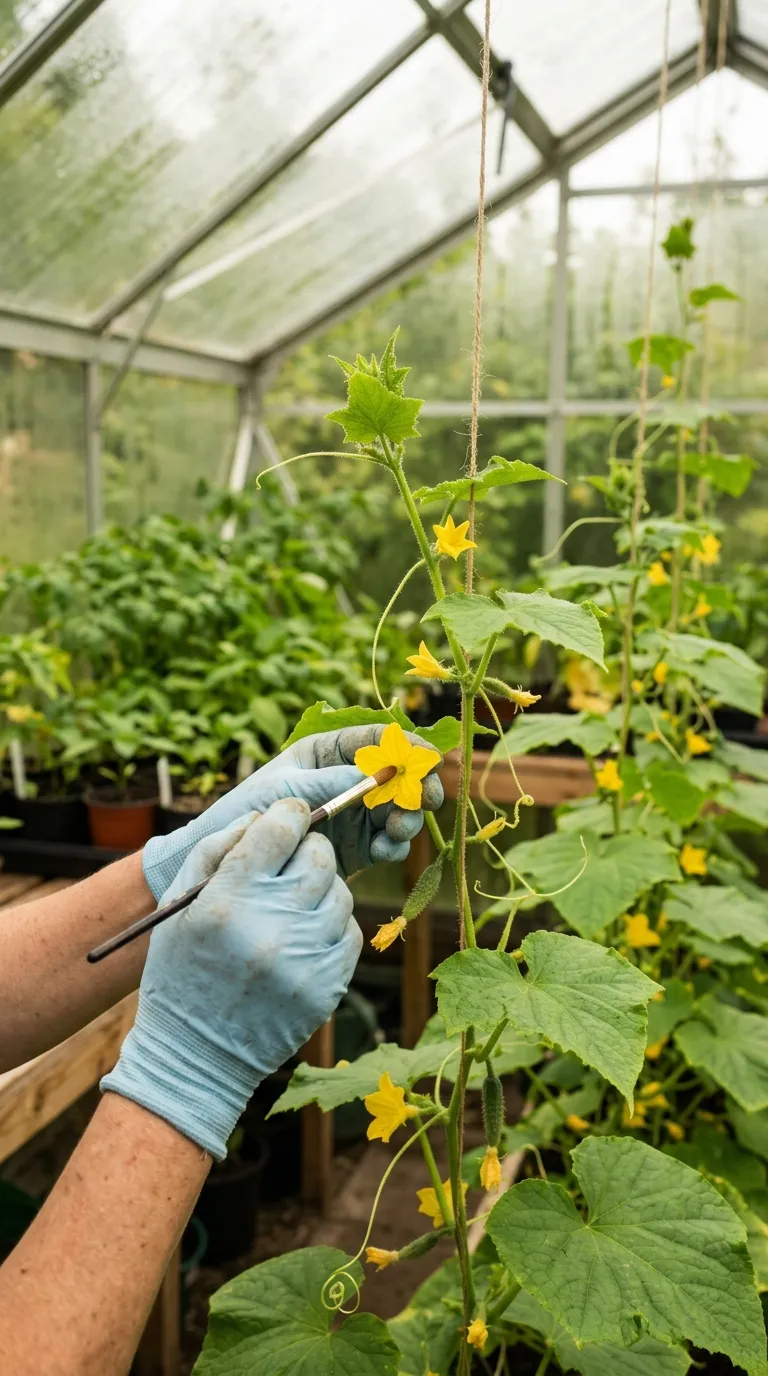Lush cucumber vines flowering but without fruit set