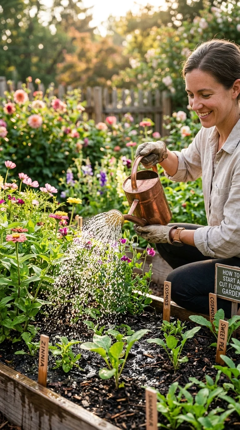 A helpful step-by-step care and watering illustration for “how to start a cut flower garden”