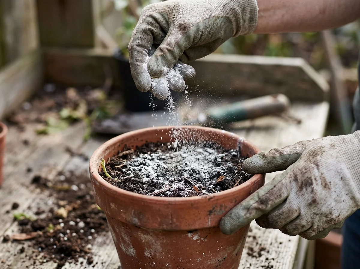 Applying a thin layer of diatomaceous earth to potting soil