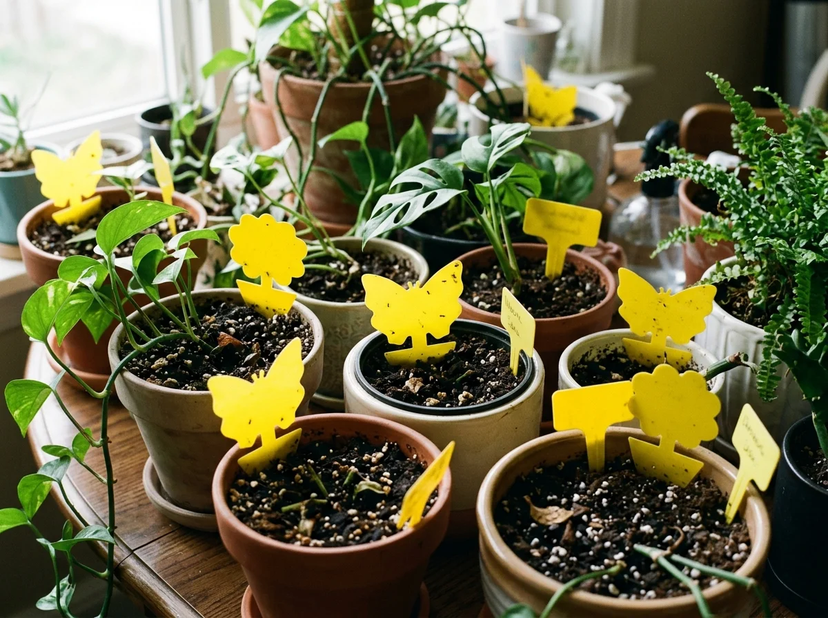 Yellow sticky traps over houseplant soil