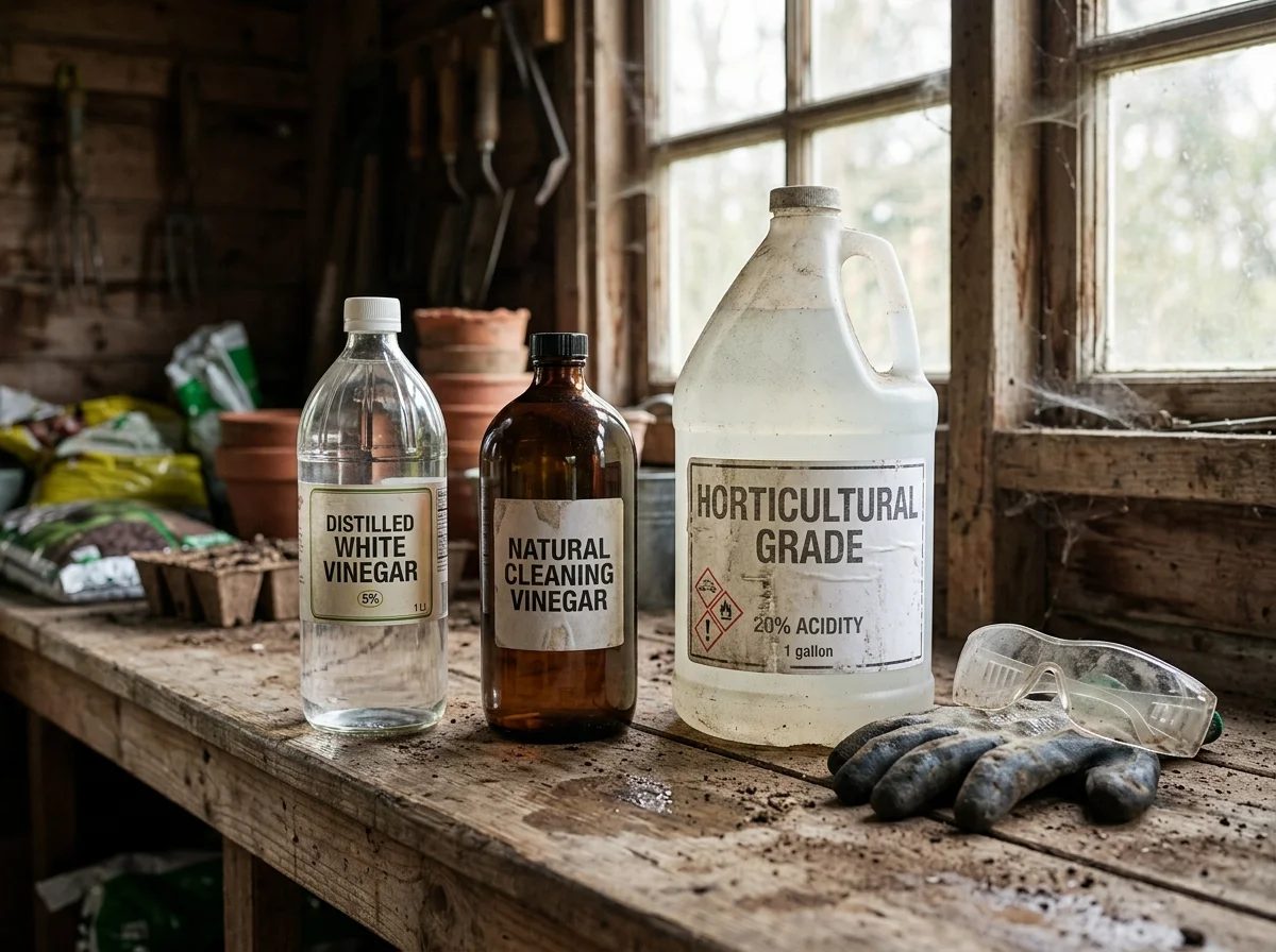 Household, cleaning, and horticultural vinegar bottles compared on a potting bench