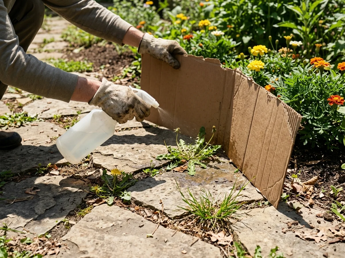 Spot-treating grass between flagstone pavers with a spray shield