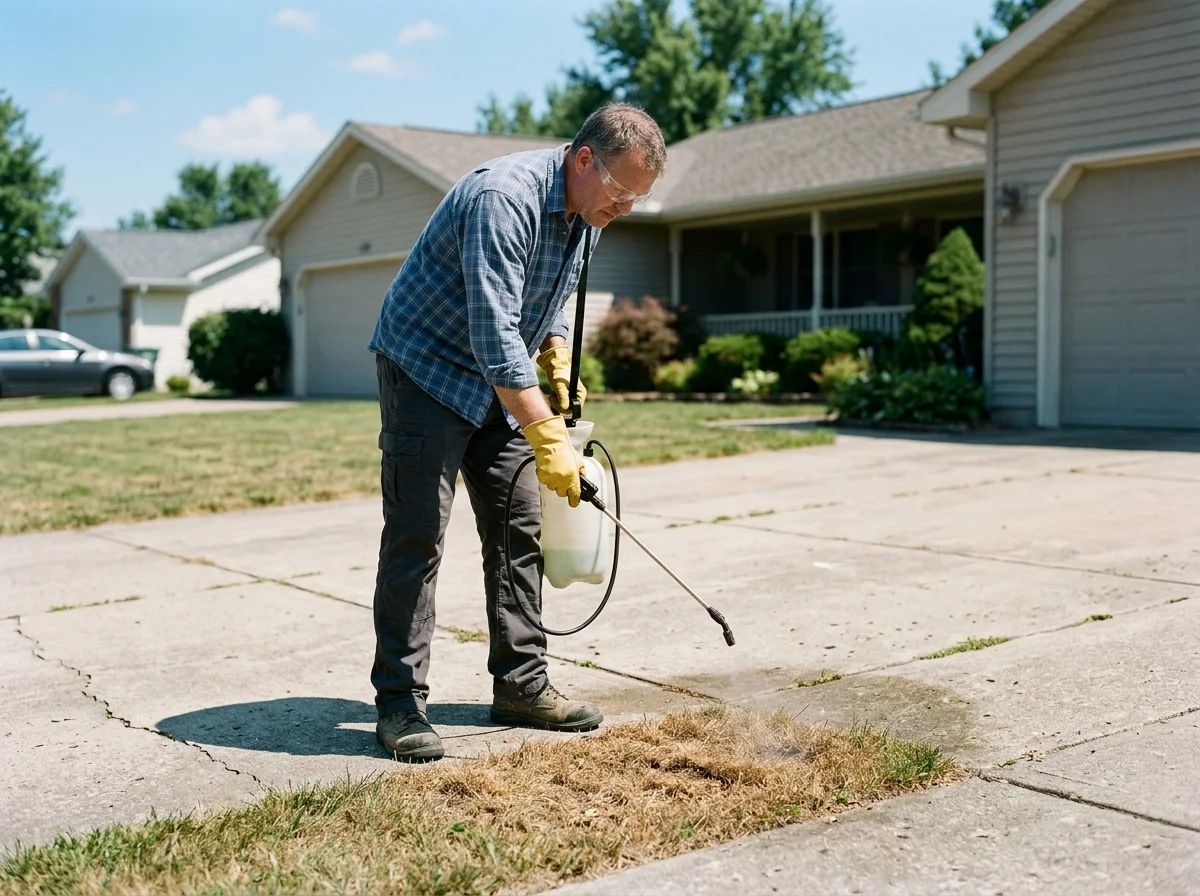 Gardener in gloves and safety glasses spraying a grass patch at the driveway edge