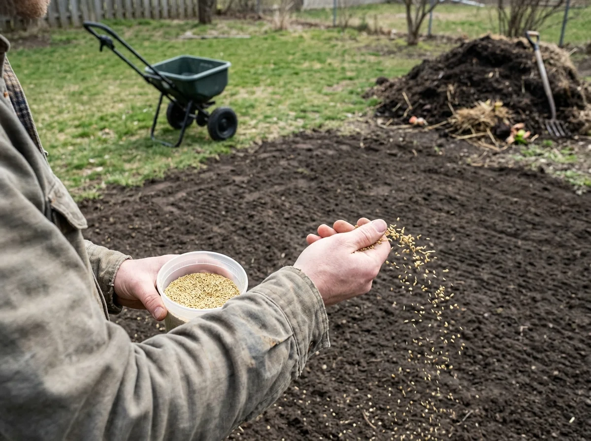Hand-spreading grass seed over a freshly aerated lawn