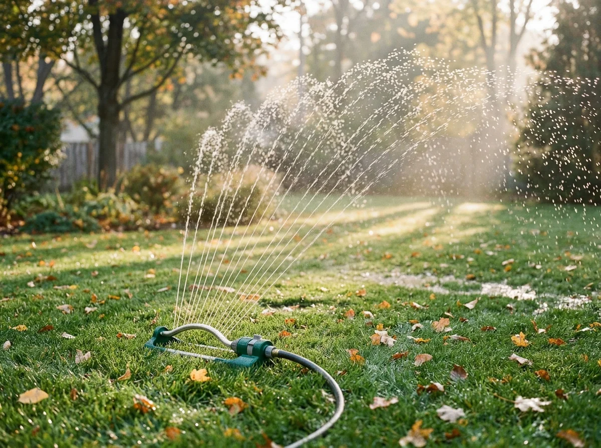 Sprinkler watering a fall lawn deeply before winter dormancy