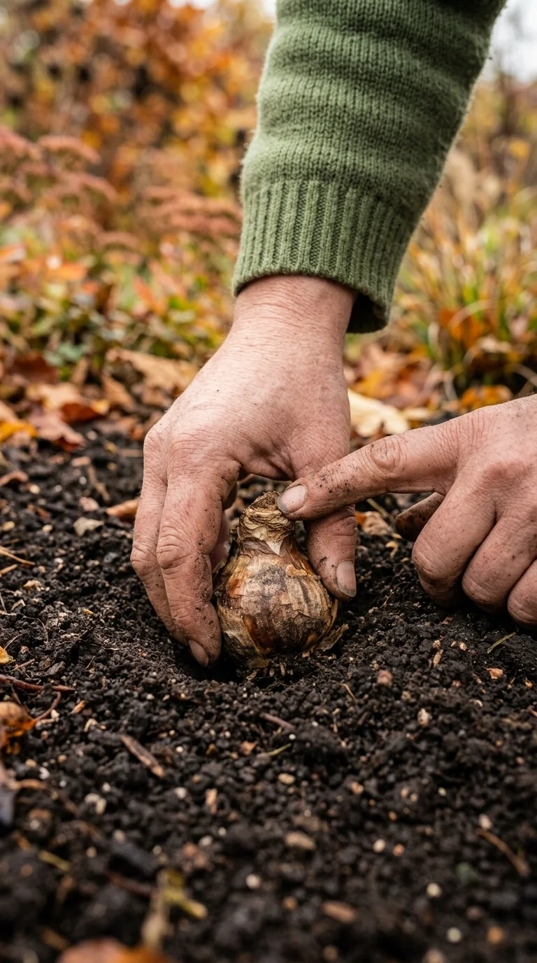 A detailed closeup illustration focusing on preparing and potting soil for “when to plant spring flowering bulbs”