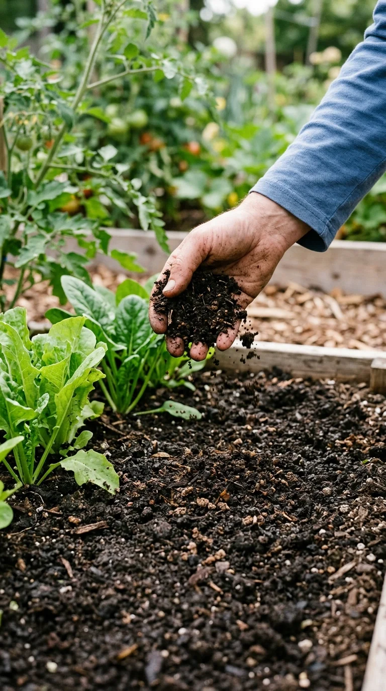 A highly detailed vertical photograph illustrating organic fertilizers, composting, or winter plant protection for “flower bulbs planting”