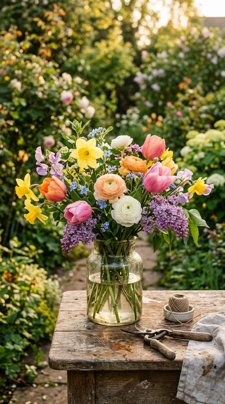 A warm, artistic vertical photograph showing the rewards of gardening: vibrant blossoms, seed collection, or a neighborly garden harvest of “flower bulbs planting”