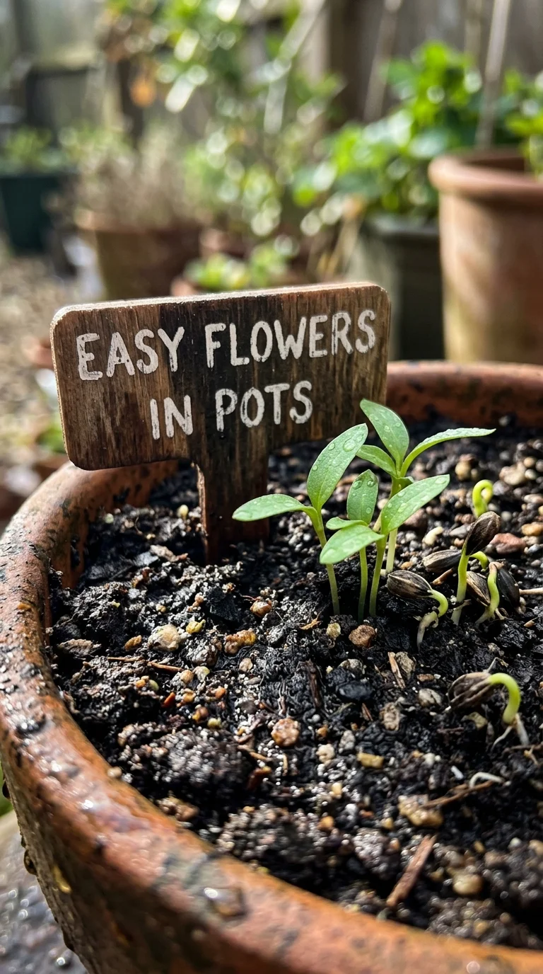 A detailed closeup illustration focusing on preparing and potting soil for “easy flowers to grow in pots”