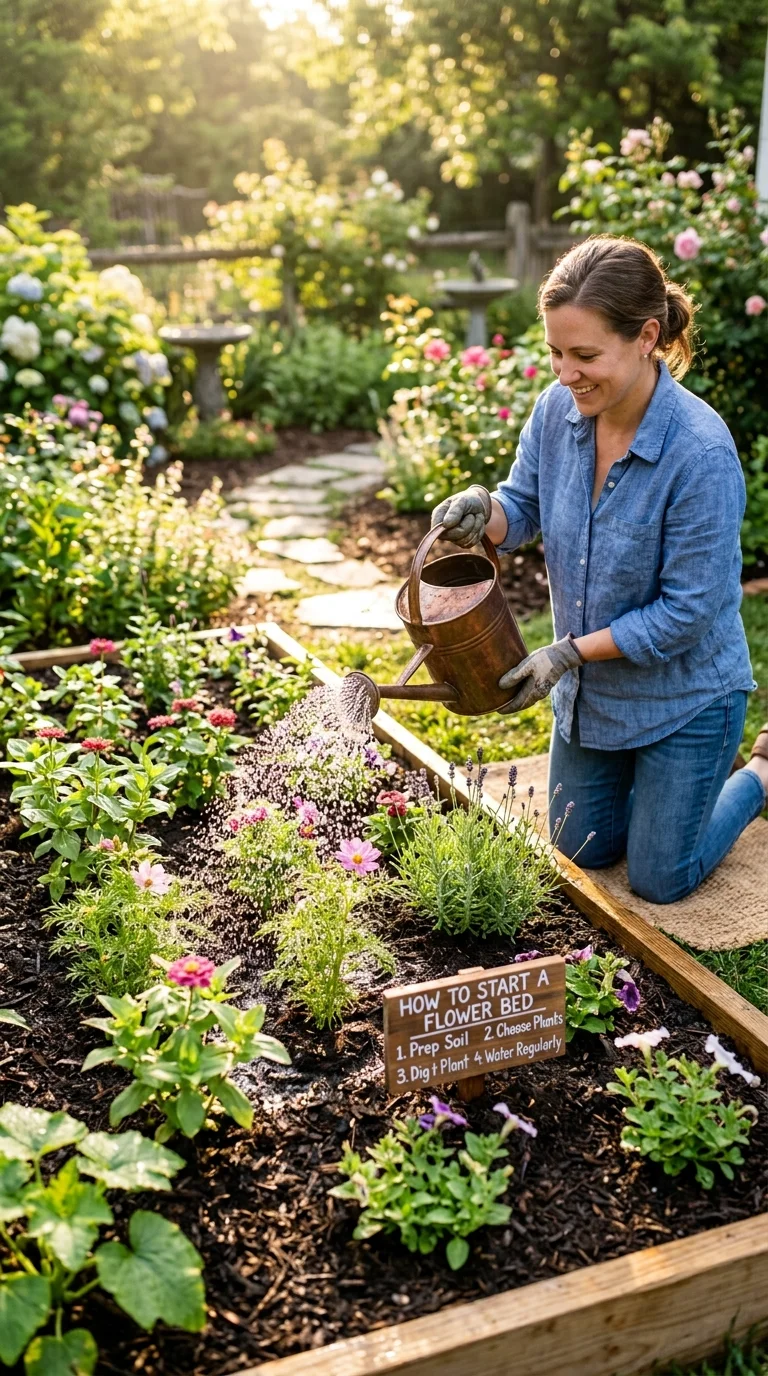 A helpful step-by-step care and watering illustration for “how to start a flower bed”