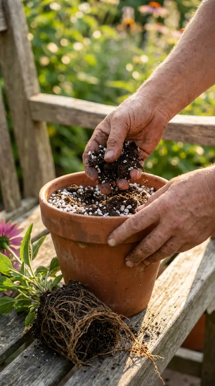 A detailed closeup illustration focusing on preparing and potting soil for “full sun perennials drought tolerant”