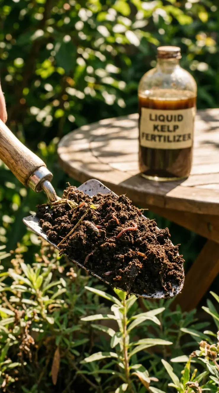 A highly detailed vertical photograph illustrating organic fertilizers, composting, or winter plant protection for “flowers for full sun”