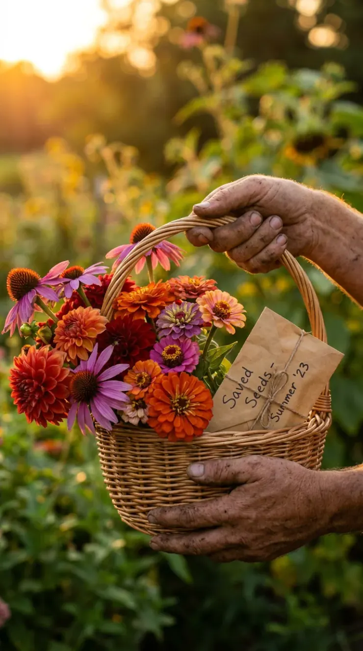 A warm, artistic vertical photograph showing the rewards of gardening: vibrant blossoms, seed collection, or a neighborly garden harvest of “flowers for full sun”