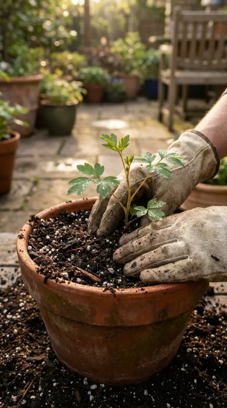 A detailed closeup illustration focusing on preparing and potting soil for “best flowers for partial shade”