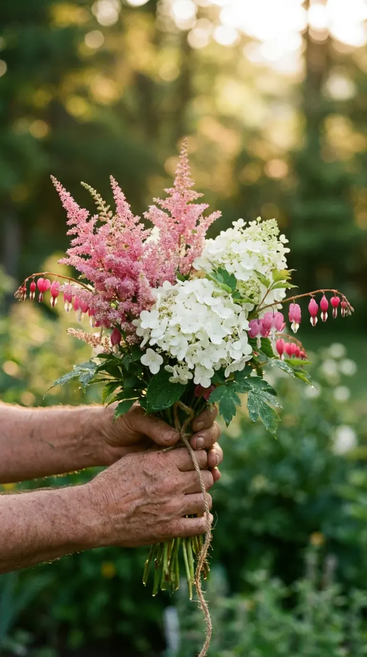 A warm, artistic vertical photograph showing the rewards of gardening: vibrant blossoms, seed collection, or a neighborly garden harvest of “flowers for shade”