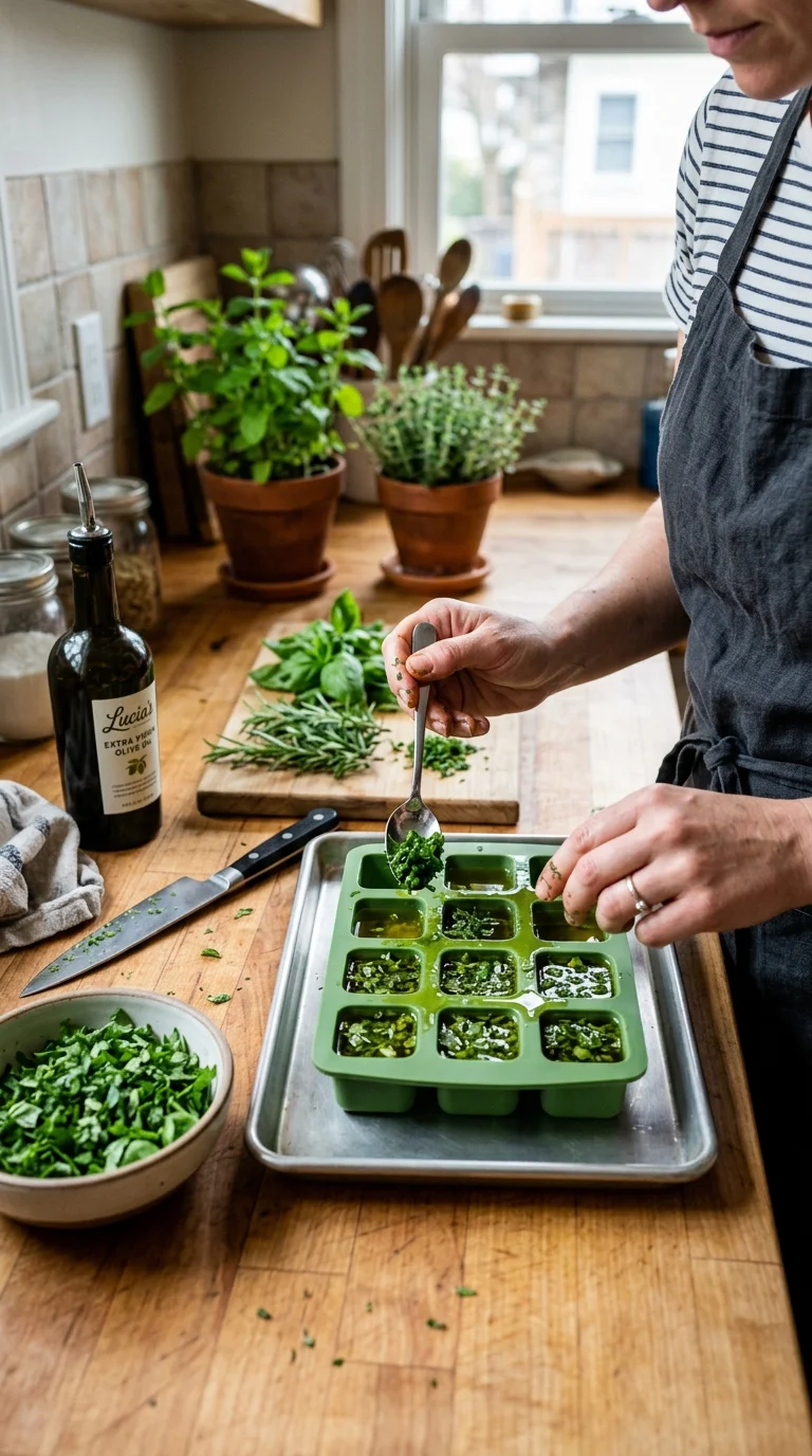 A step-by-step photo showing fresh herbs being chopped and placed into ice cube trays for freezing
