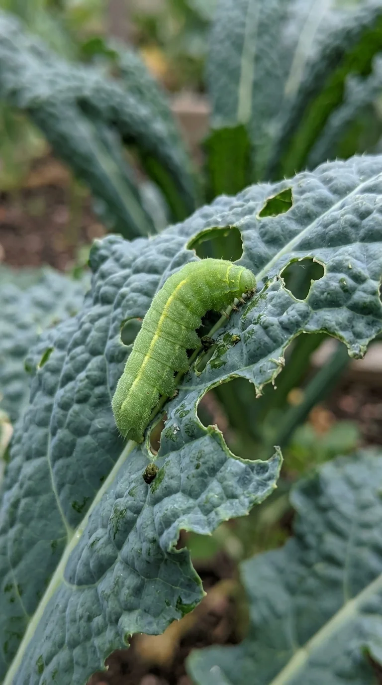 Cabbage worm on kale leaf with visible damage